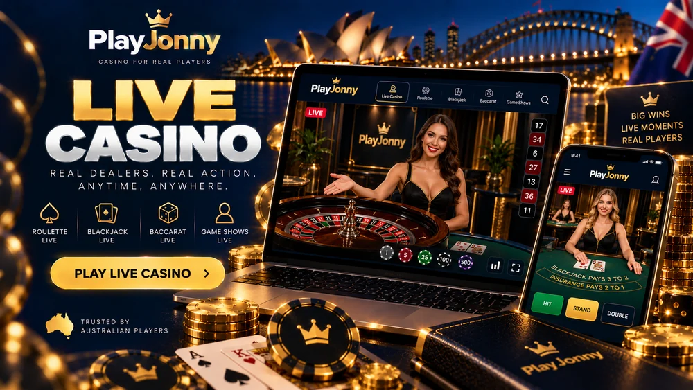 Live dealer tables in the PlayJonny casino lobby with roulette, blackjack and baccarat streams
