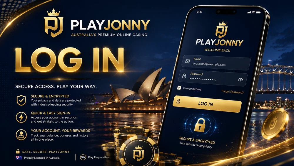 PlayJonny casino account login screen for Australian players signing in with email and password