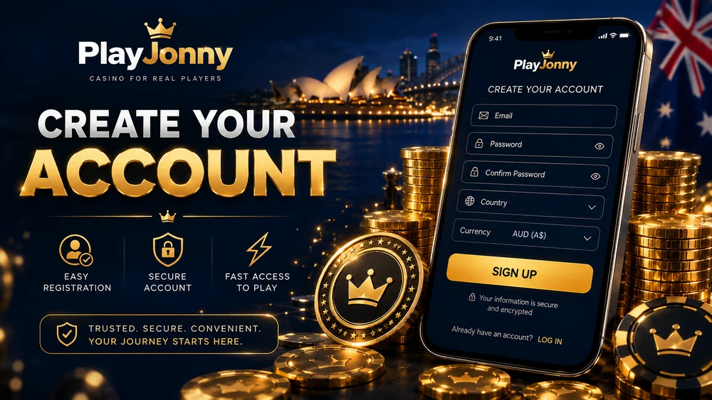 PlayJonny registration form for Australian players with AUD selected as the account currency