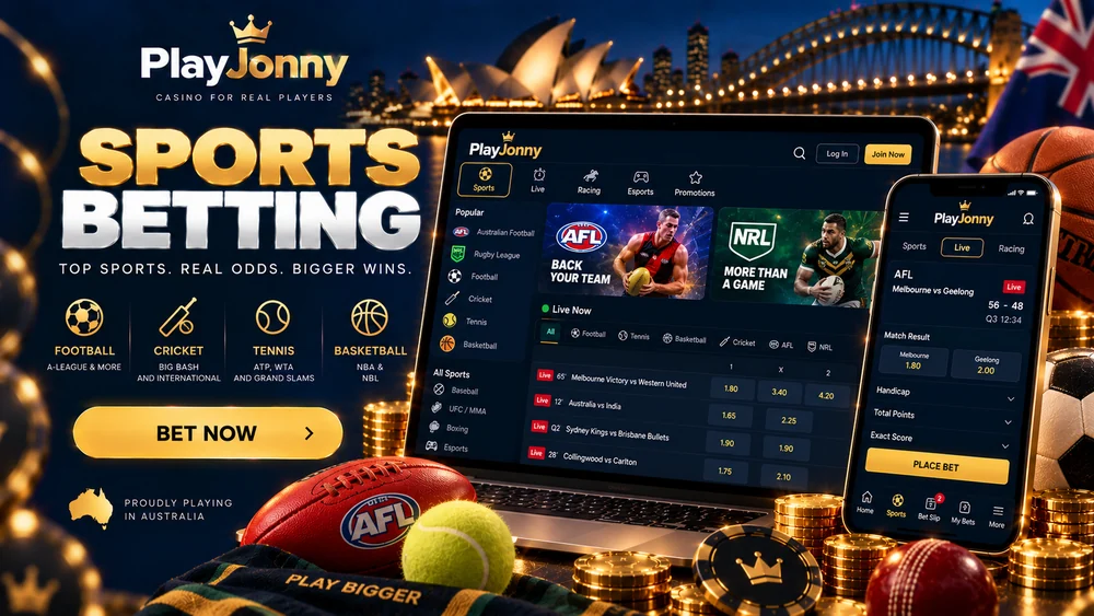 PlayJonny sportsbook interface for Australian punters with sports and live betting tabs