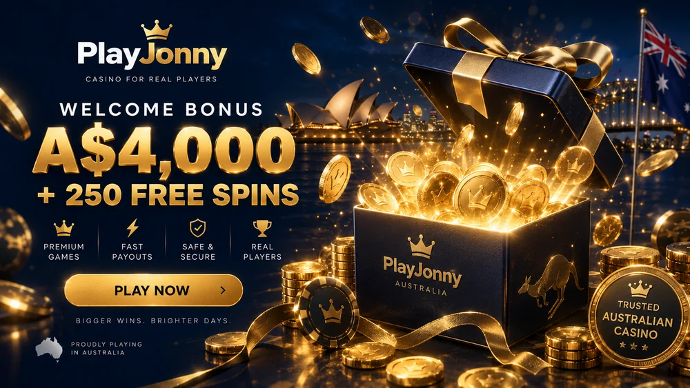 PlayJonny welcome bonus package for Australian players showing three deposit tiers and free spins